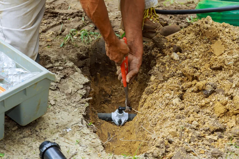 Wrench tightening an irrigation fitting in a hand-dug hole in sandy soil